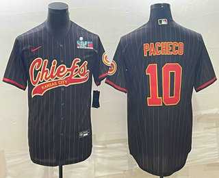 Mens Kansas City Chiefs #10 Isiah Pacheco Black Pinstripe With Super Bowl LVII Patch Cool Base Stitched Baseball Jersey